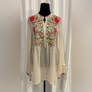 Johnny Was Sheer Blouse with Colorful Embroidery
